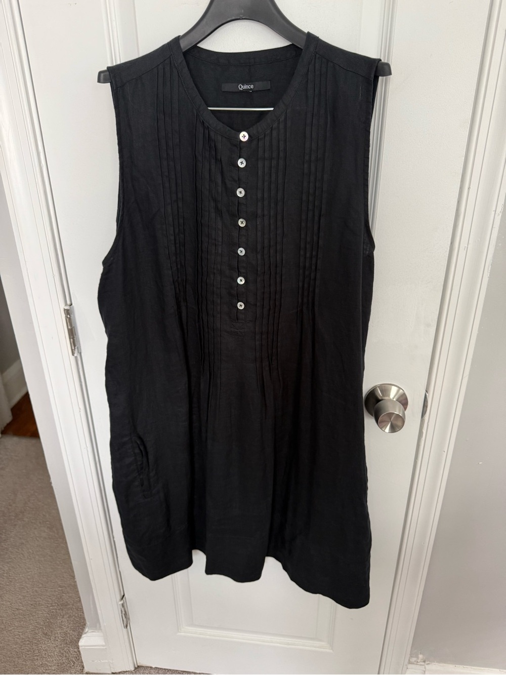 Quince Black Linen Sleeveless Pintuck Button-Front Tunic - Picture 2 of 7